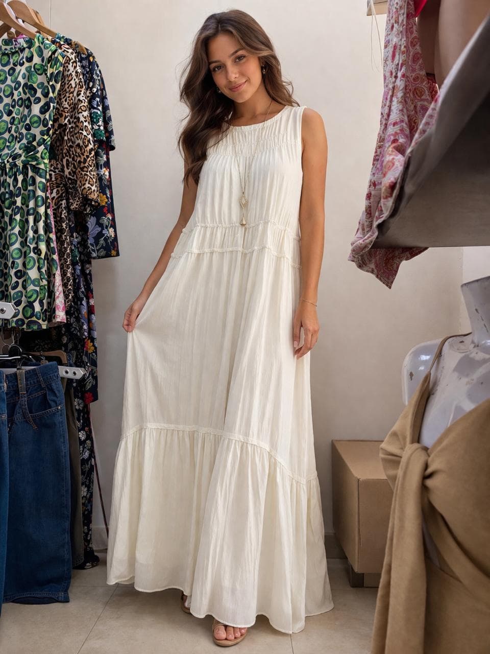 Top azul marino estampado y pantalón blanco